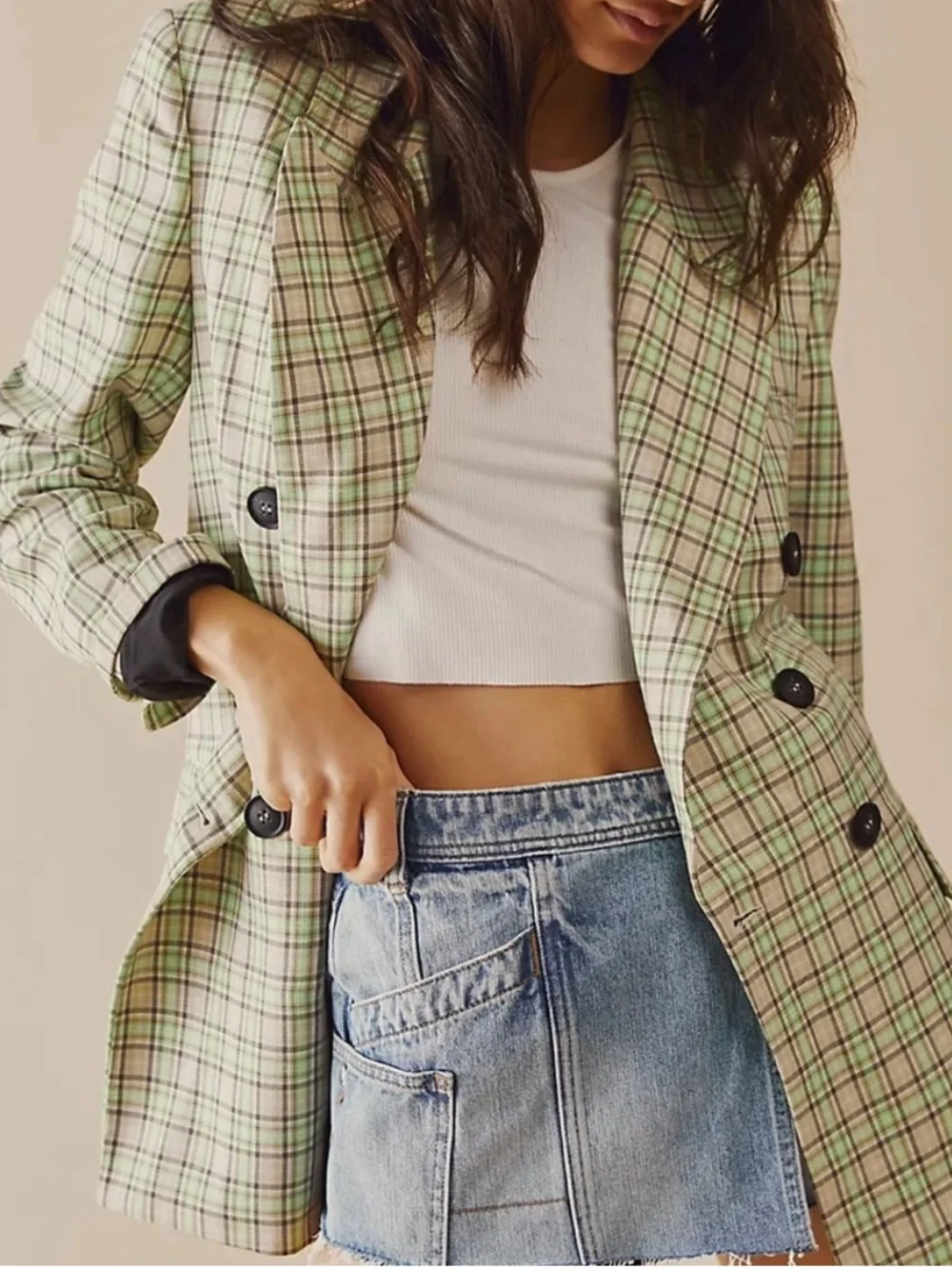 Free People Ashby Green Plaid Blazer Jacket, XS
